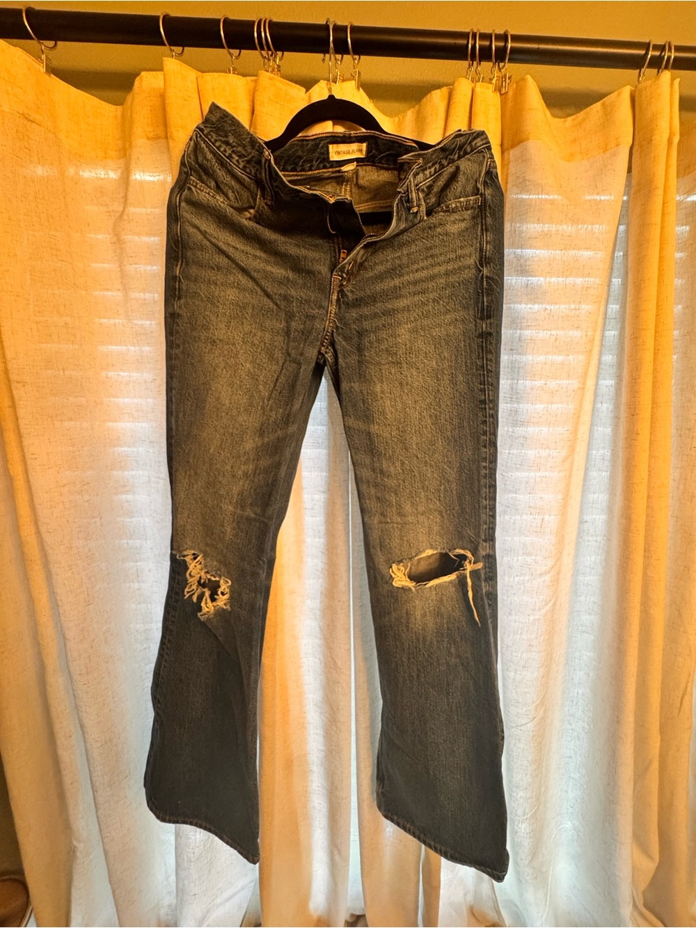 American Eagle Outfitters Dark Blue Flare Jeans with Knee Distress
